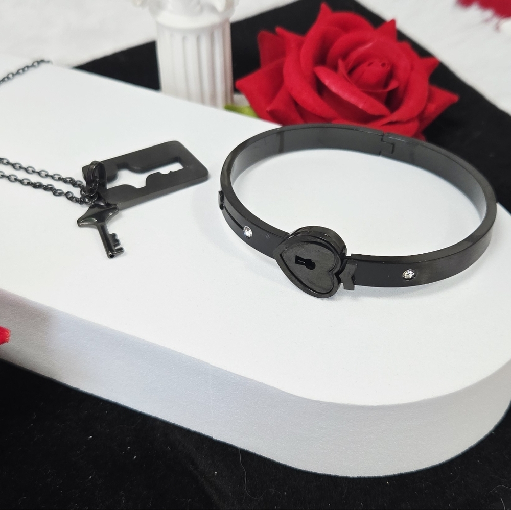 Black Forever Love Lock & Key Jewelry Set Heart Couple Bracelet Necklace Gift
